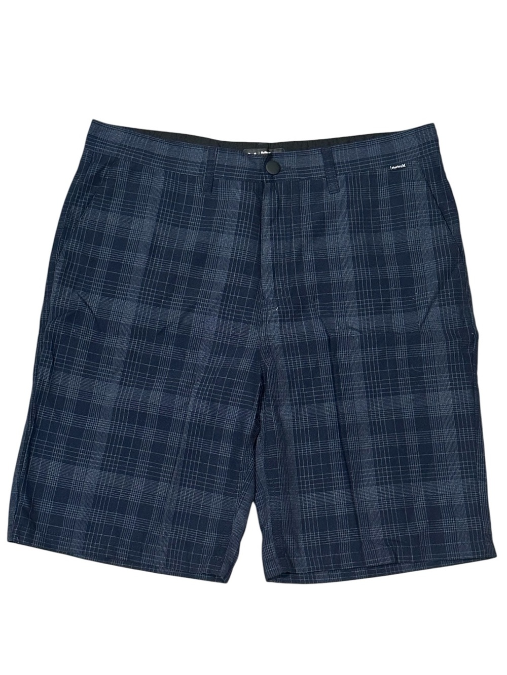 Hurley Men’s Flat Front Walk Shorts Blue Plaid Logo Pockets 34in